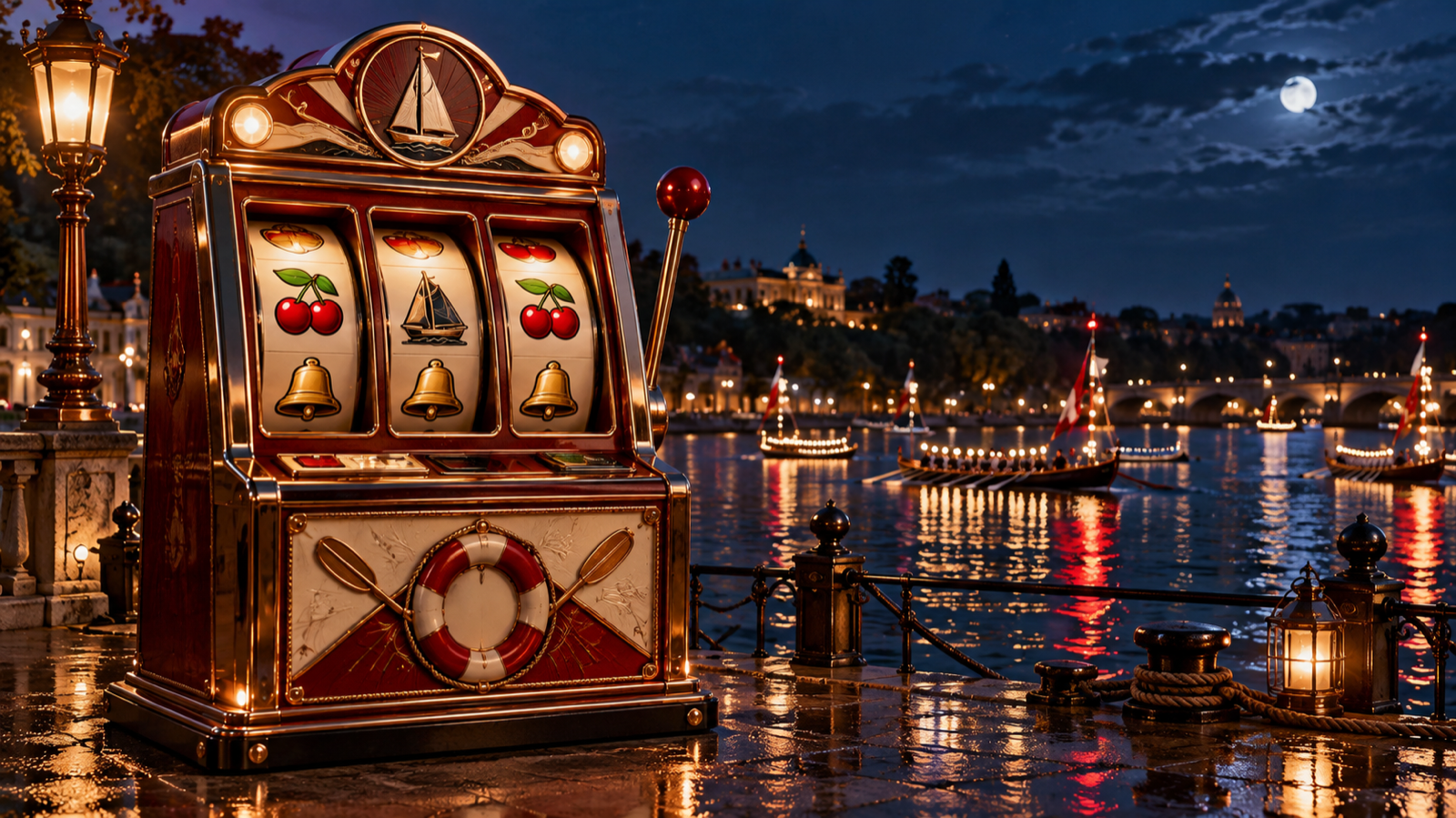 Classic fruit machine near a nighttime regatta